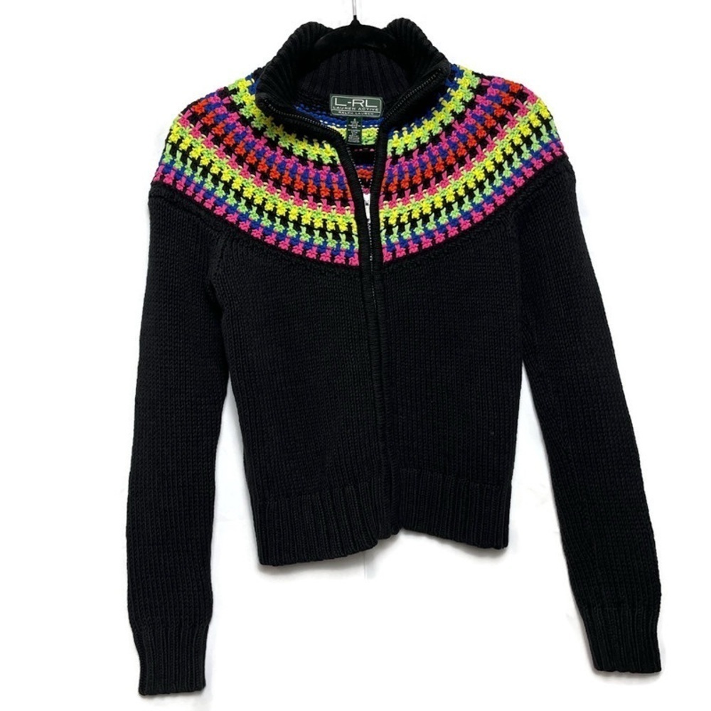 LRL LAUREN RALPH LAUREN Women's Black Full Zip Colorful Neon Yoke Cardigan Small